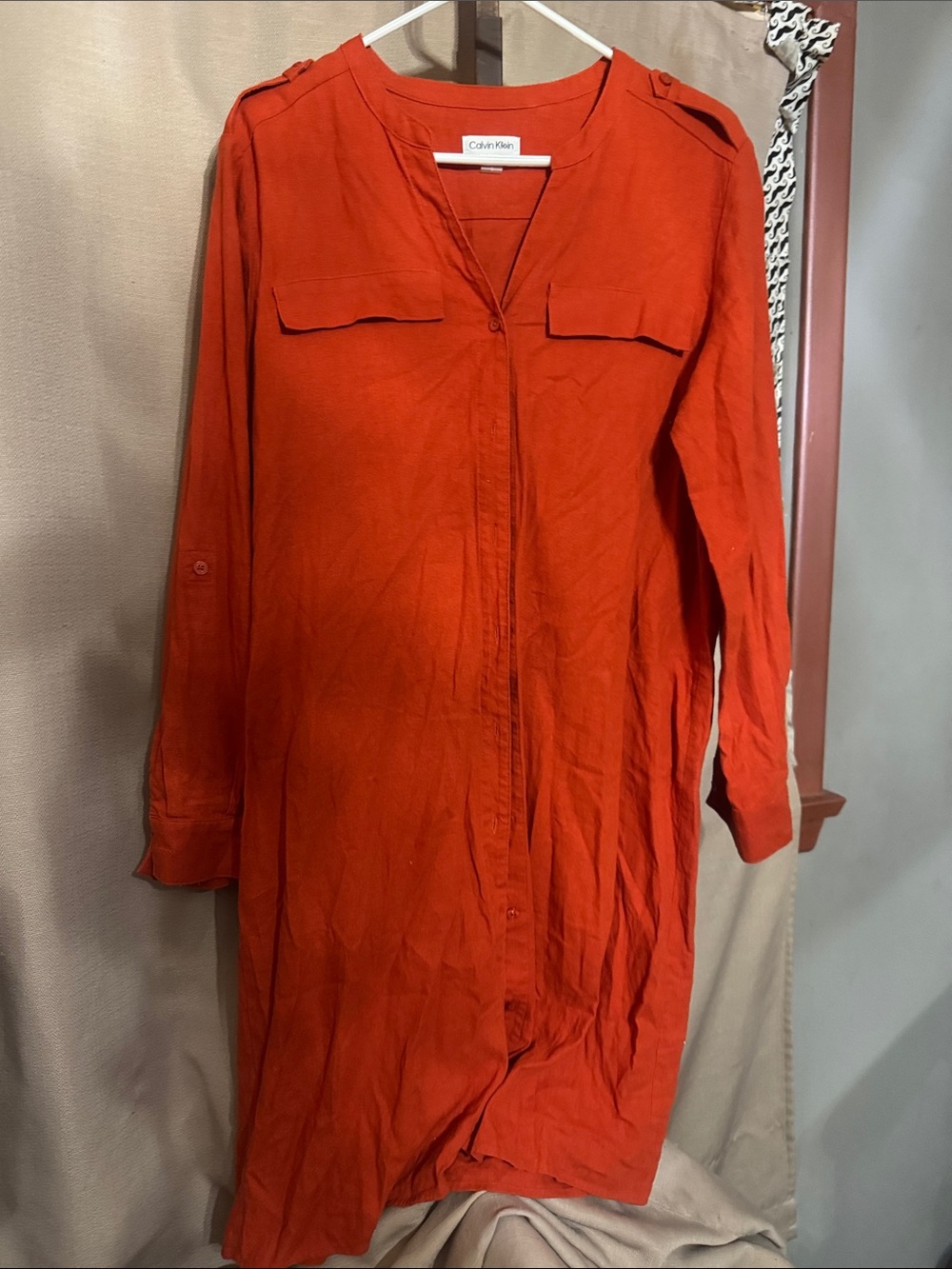 Calvin Klein Orange Button-Front Long Sleeve Shirt Dress S-11